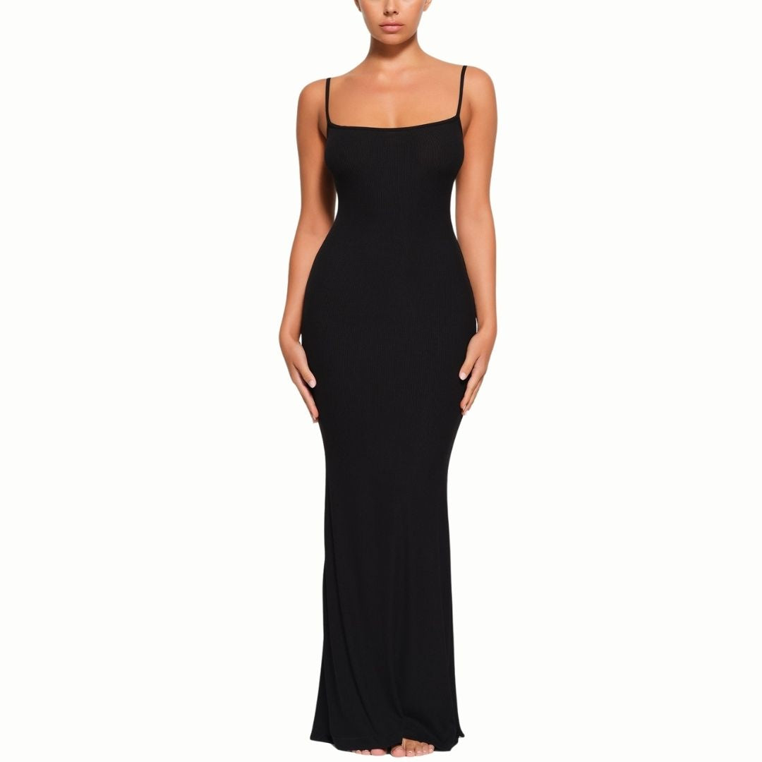 Curva Women’s Body-Hugging Maxi Bodycon Spaghetti Strap Mermaid Dress in Black – Elegant, Figure-Flattering Evening Gown for Parties, Formal Events, and Special Occasions