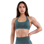 Curva Sculpted Fit Seamless Halter Sports Bra in Green Teal – High-Neck, Wire-Free, Moisture-Wicking Activewear for Women’s Yoga, Gym, and Everyday Comfort