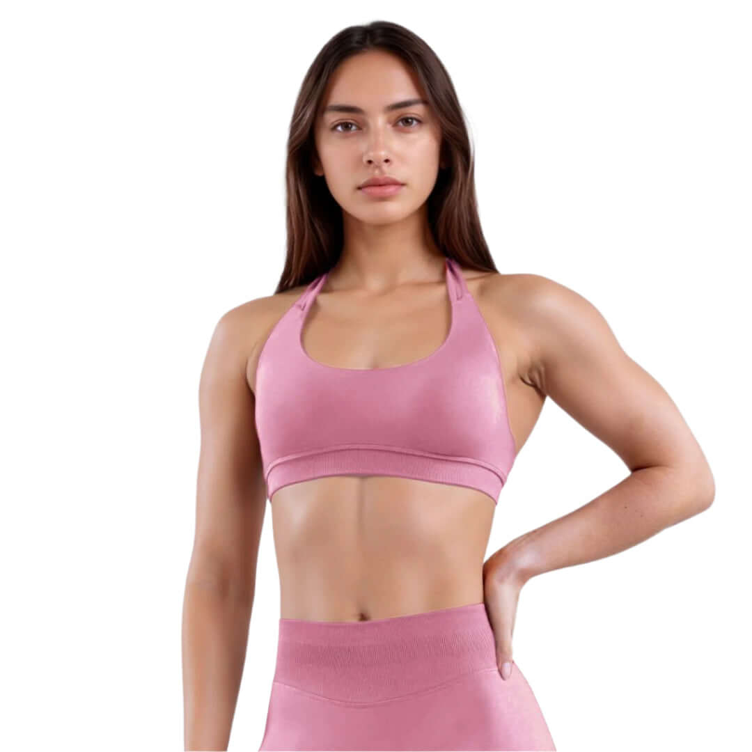 Curva Sculpted Fit Seamless Halter Sports Bra in Pink– High-Neck, Wire-Free, Moisture-Wicking Activewear for Women’s Yoga, Gym, and Everyday Comfort