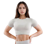 Curva Women's Sculpted Fit Seamless Sports Crop Top in Beige/Gray – Stylish, Supportive Activewear for Gym, Running, and Yoga Sessions