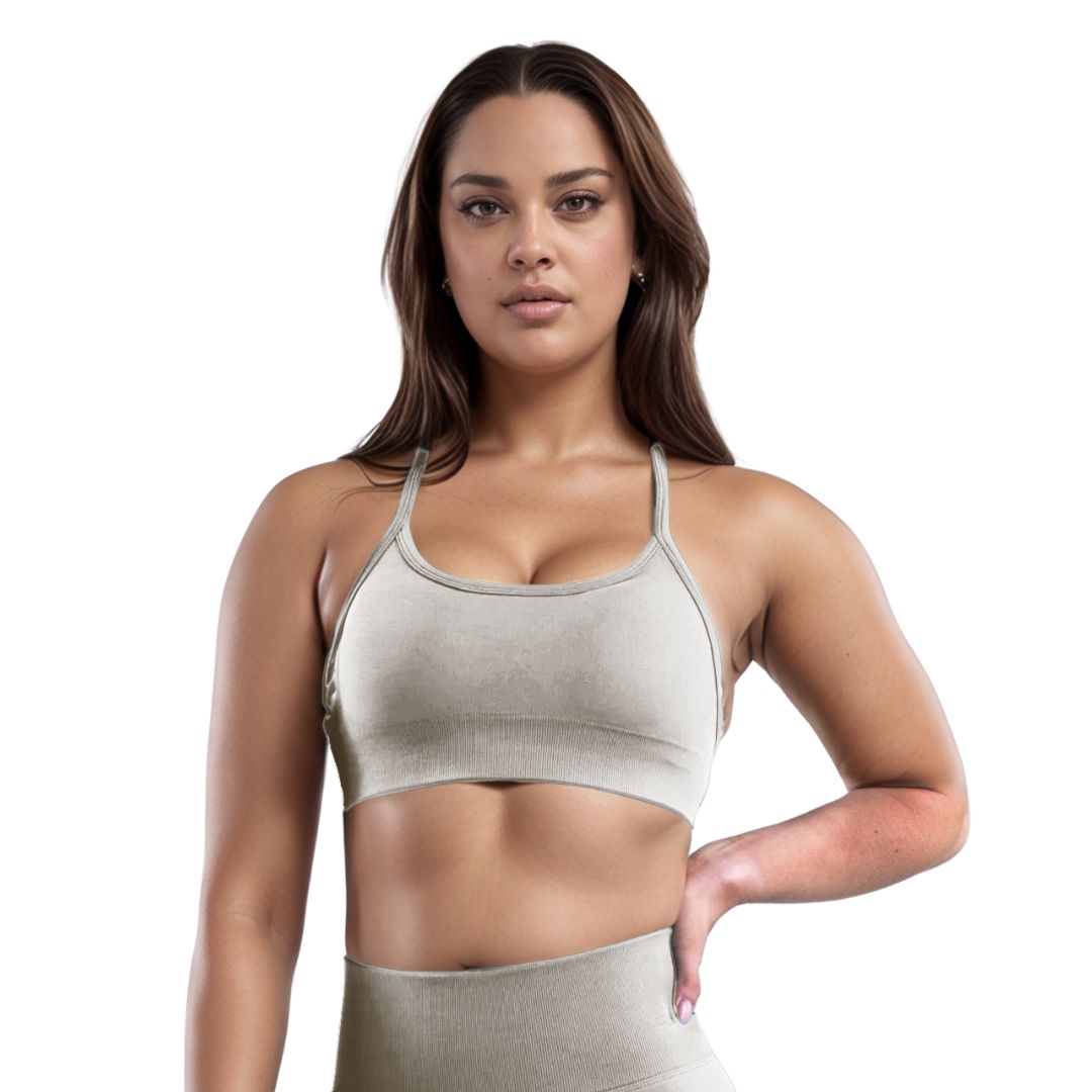 Curva Sculpted Fit Seamless Cross Back Sports Bra in Beige – Sleek, Supportive, Moisture-Wicking Activewear for Gym, Running, and Daily Comfort