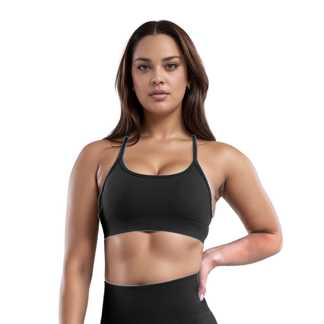 Curva Sculpted Fit Seamless Cross Back Sports Bra in Black – Sleek, Supportive, Moisture-Wicking Activewear for Gym, Running, and Daily Comfort