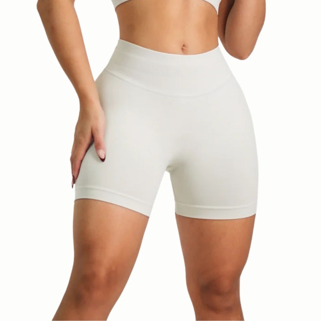Curva Sculpted Fit Seamless Cycling Gym Shorts in Beige Grey – High-Waisted, Squat-Proof, Moisture-Wicking Activewear for Women’s Workouts, Biking, and Training