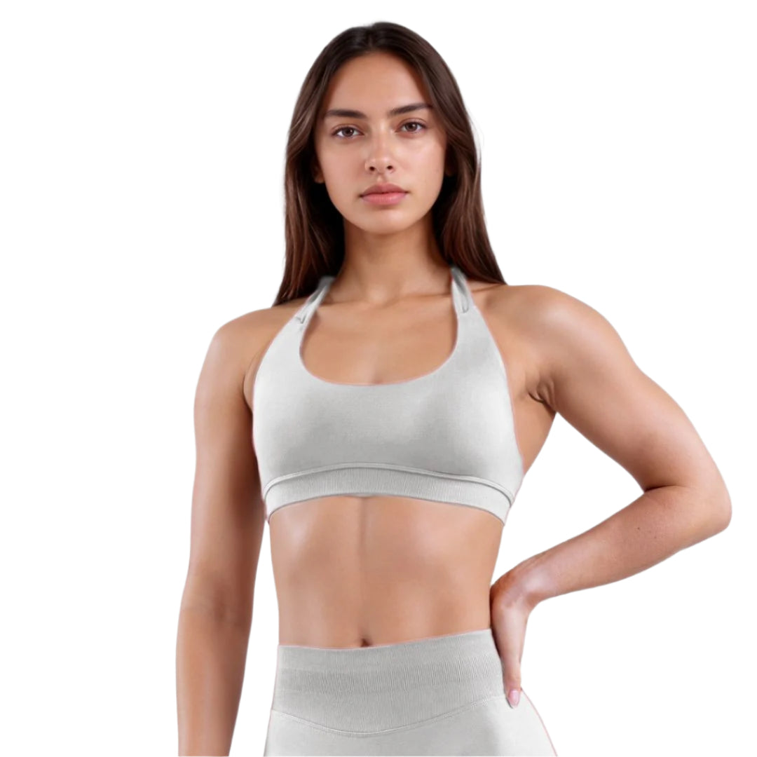 Sculpted Fit Seamless Halter Sports Bra for Women in Grey Beige – High-Neck, Wire-Free, Moisture-Wicking Activewear for Yoga, Pilates, and Everyday Athleisure