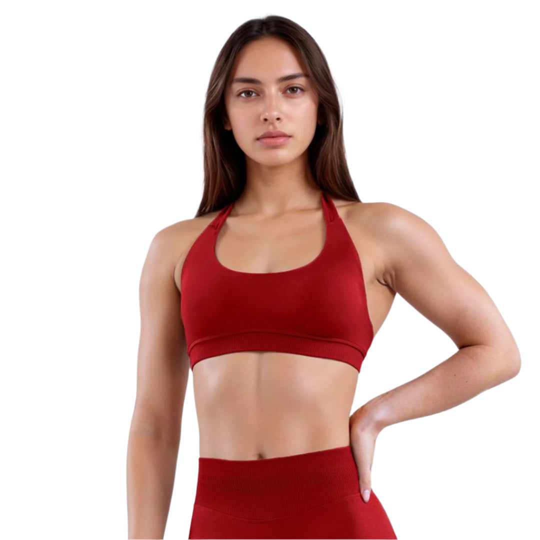 Curva Sculpted Fit Seamless Halter Sports Bra in Red – High-Neck, Wire-Free, Moisture-Wicking Activewear for Women’s Yoga, Gym, and Everyday Comfort