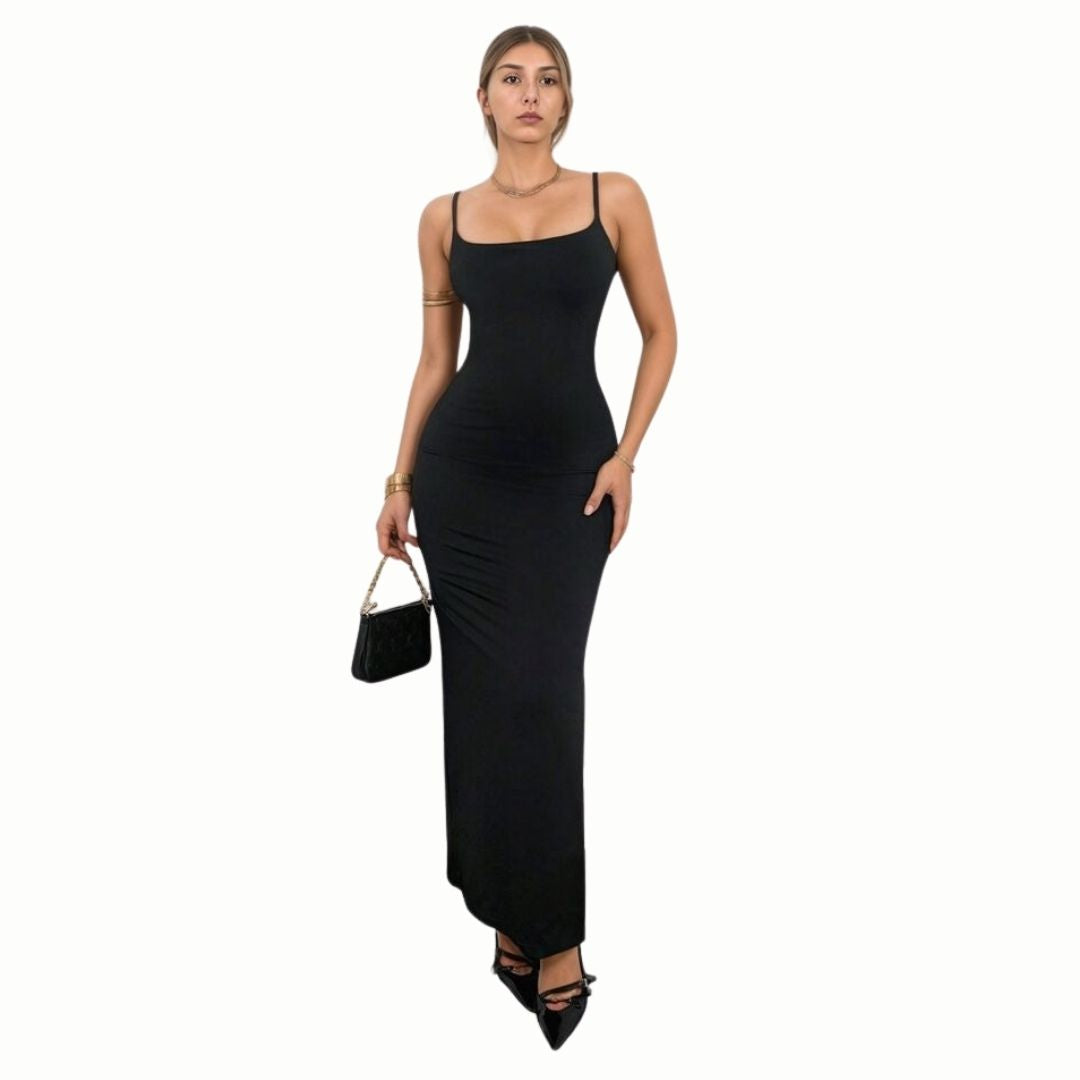  Curva Women’s Body-Hugging Maxi Bodycon Spaghetti Strap Mermaid Dress in Black – Elegant, Figure-Flattering Evening Gown for Parties, Formal Events, and Special Occasions