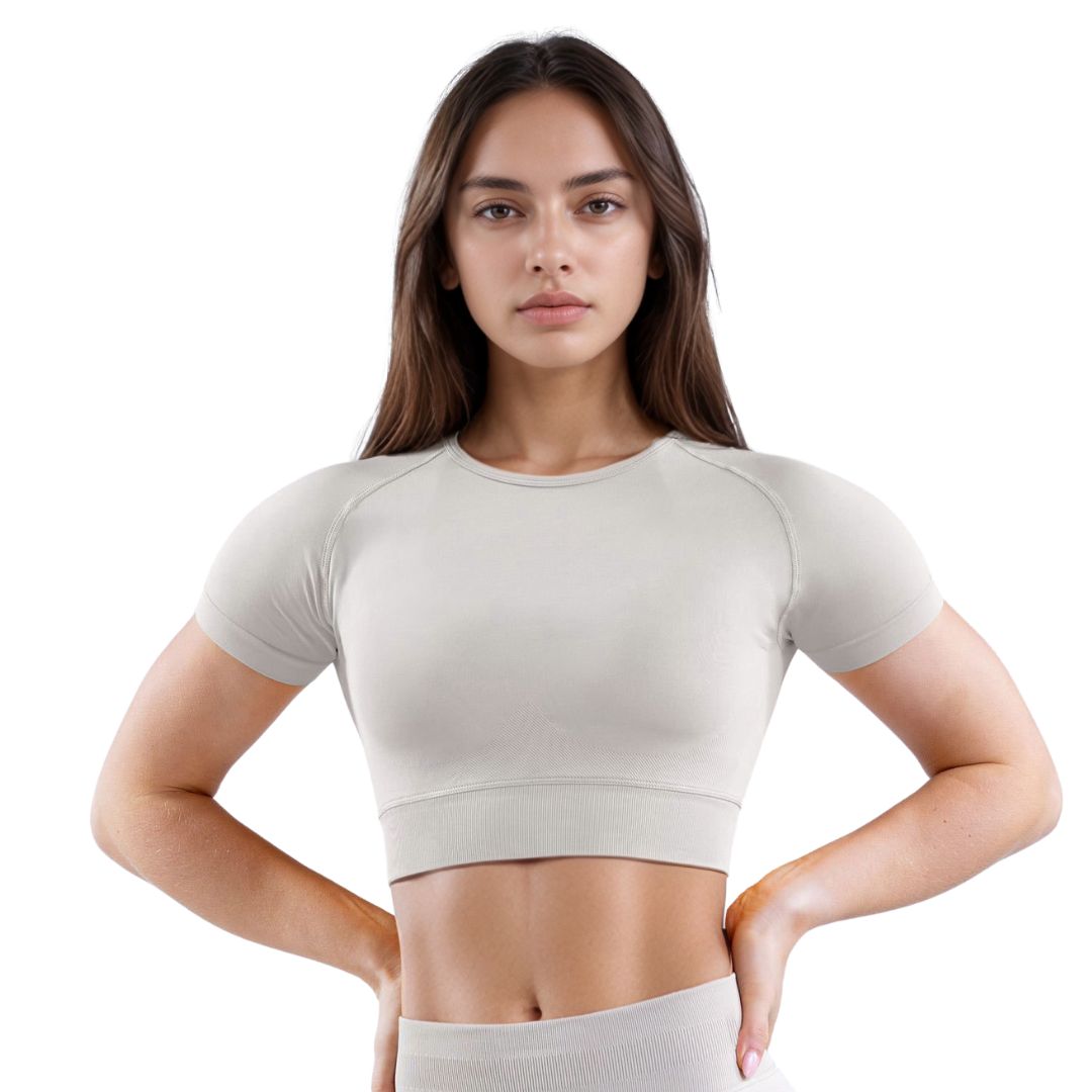 Curva Women's Sculpted Fit Seamless Sports Crop Top in Beige/Gray – Stylish, Supportive Activewear for Gym, Running, and Yoga Sessions