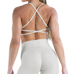 Women's Sculpted Fit Seamless Cross Back Sports Bra in Beige – Breathable, Medium-Impact Activewear for Yoga, Gym, and Everyday Support