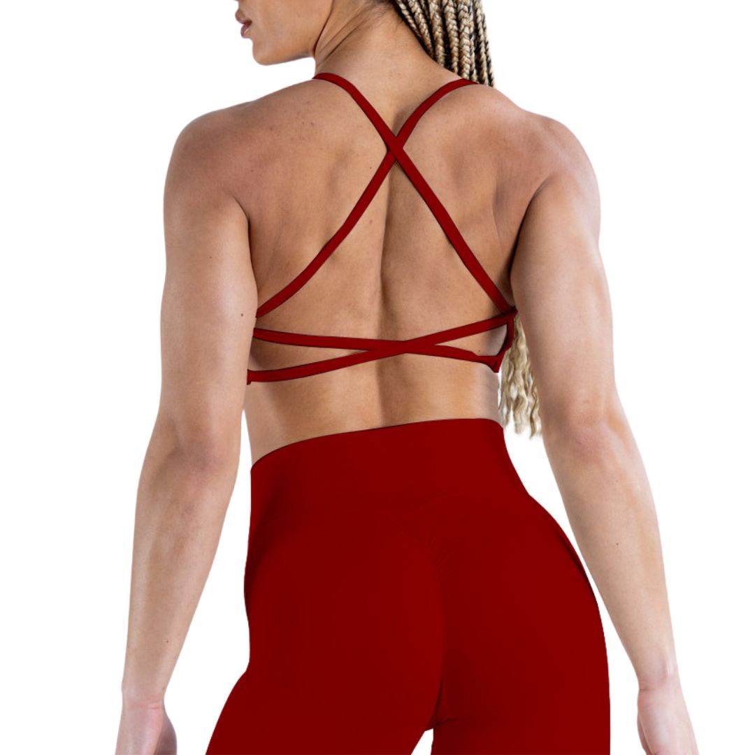 Women's Sculpted Fit Seamless Cross Back Sports Bra in Red – Breathable, Medium-Impact Activewear for Yoga, Gym, and Everyday Support