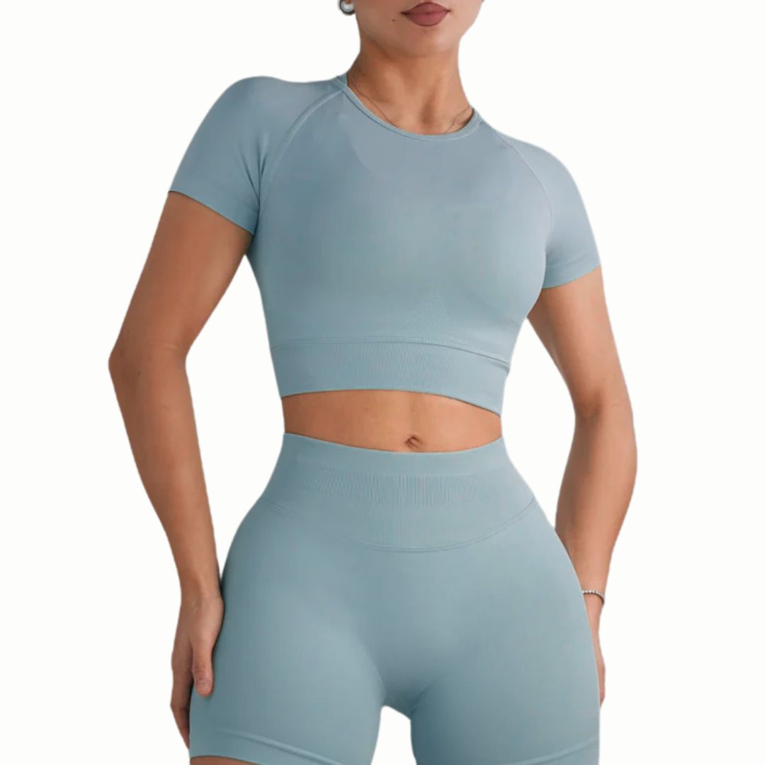 Women's Sculpted Fit Seamless Sports Crop Top in Green/Teal – Stylish, Supportive Activewear for Gym, Running, and Yoga Sessions