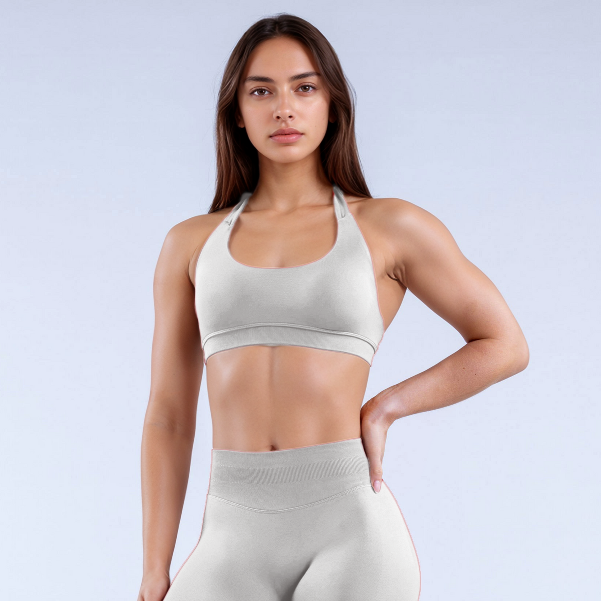 Beige GymWear Set Seamless Leggings & Halter Sports Bra