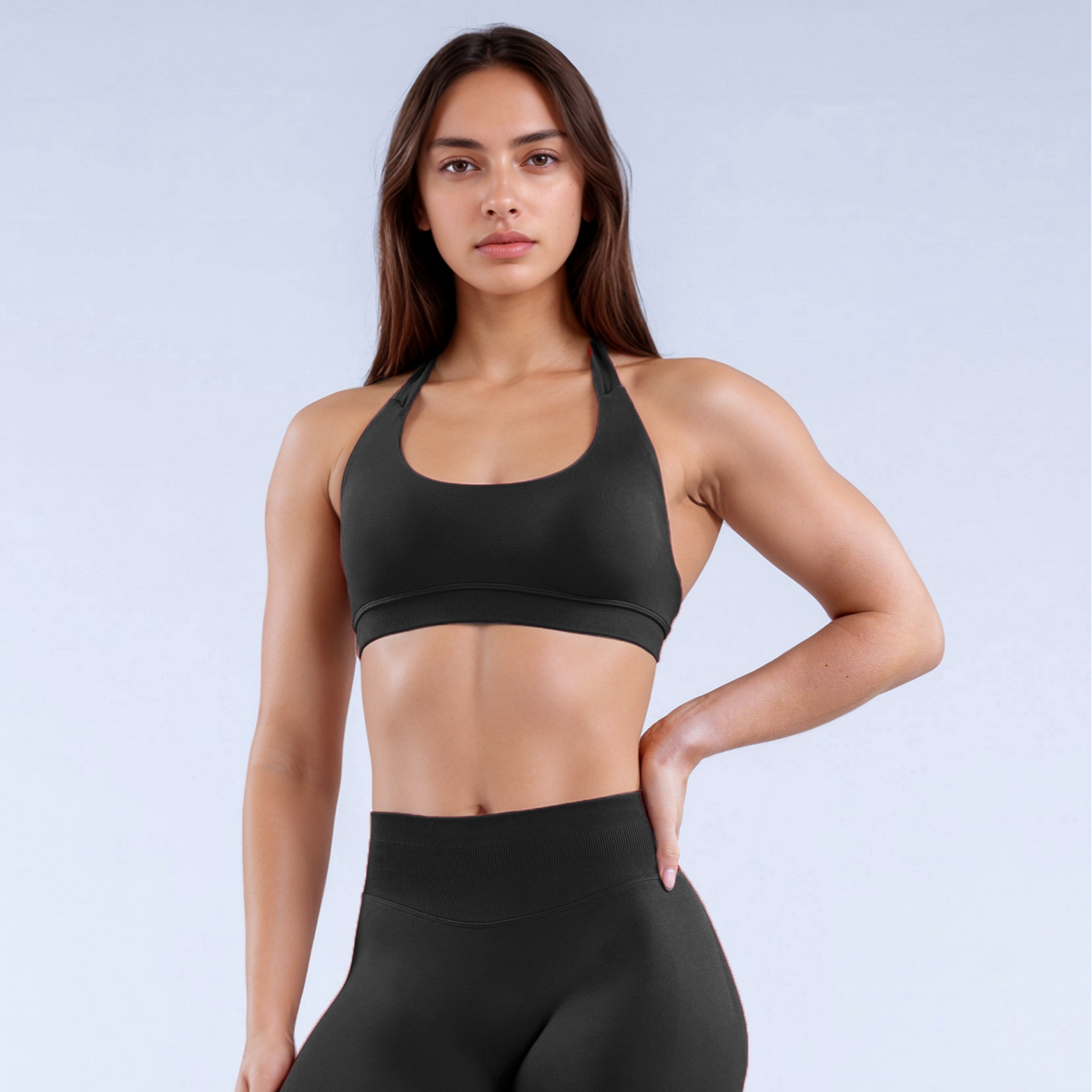 Black GymWear Set Seamless Shorts & Halter Sports Bra